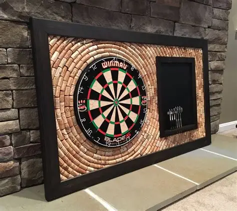 Framed dart board with cork backer, chalkboard, and darts holder.
