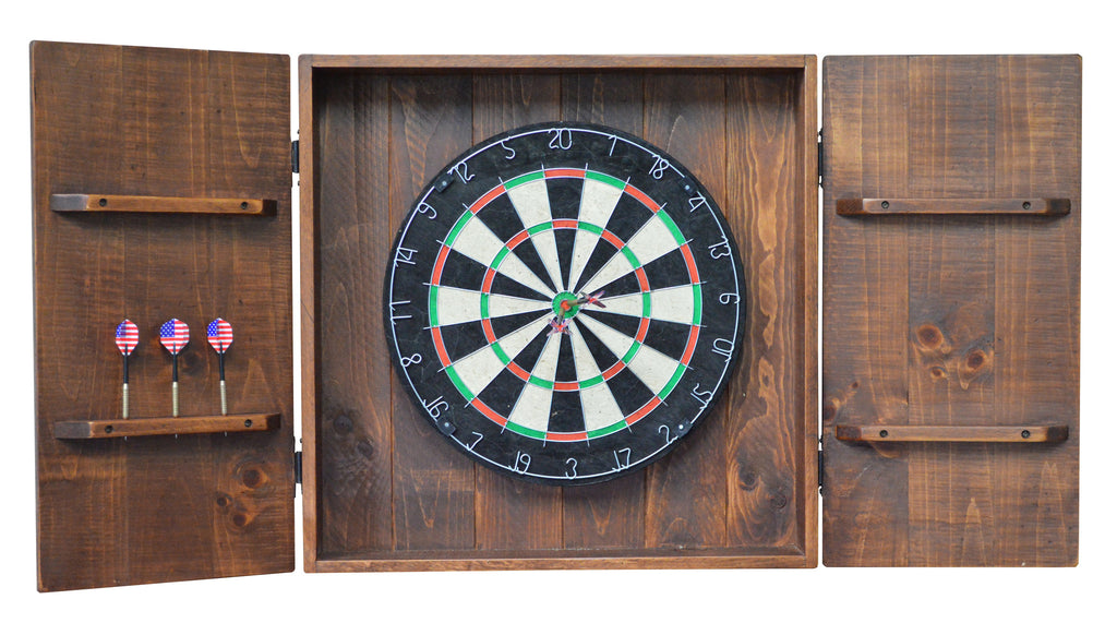 Wooden dart board cabinet with target and darts, perfect for a game room.