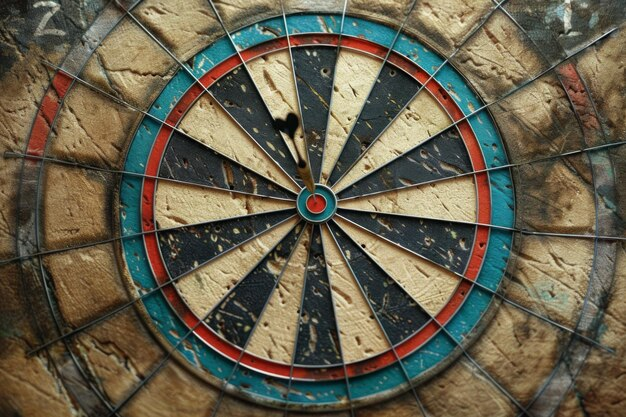 Close-up of a vintage-style dart board with a dart in the center.