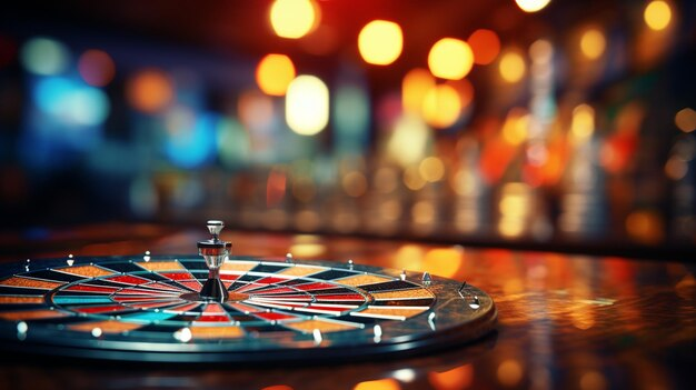 Close-up of a vibrant roulette wheel, unlike a traditional dart board, with bokeh lights.