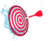 Red dart board target with a dart hitting the bullseye, splashing water effects.