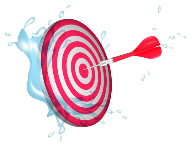 Red dart board target with a dart hitting the bullseye, splashing water effects.