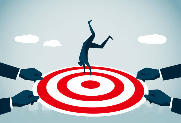 Illustration of a person balancing on a target, like a dart board, held by hands.